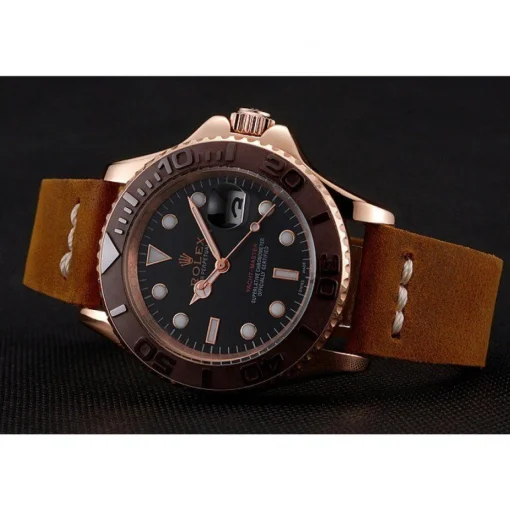 Rolex Yacht-Master Black Dial Brown Bezel Rose Gold Case Brown Leather Bracelet 1453860