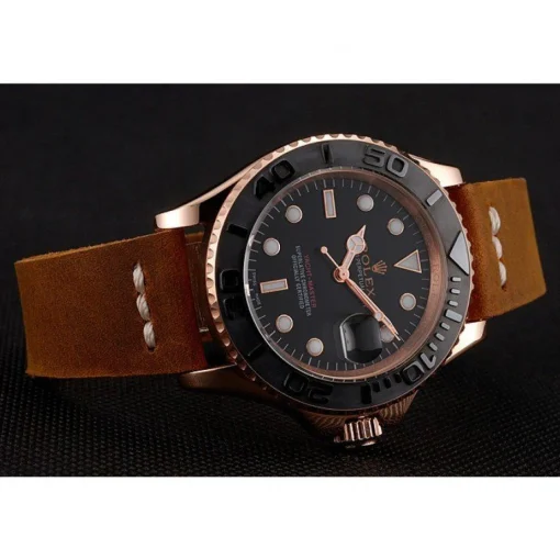 Rolex Yacht-Master Black Dial Rose Gold Case Brown Leather Bracelet 1453861