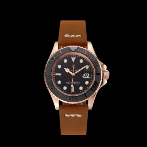 Rolex Yacht-Master Black Dial Rose Gold Case Brown Leather Bracelet 1453861