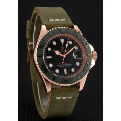 Rolex Yacht-Master Black Dial Green Bezel Rose Gold Case Green Leather Bracelet 1453862