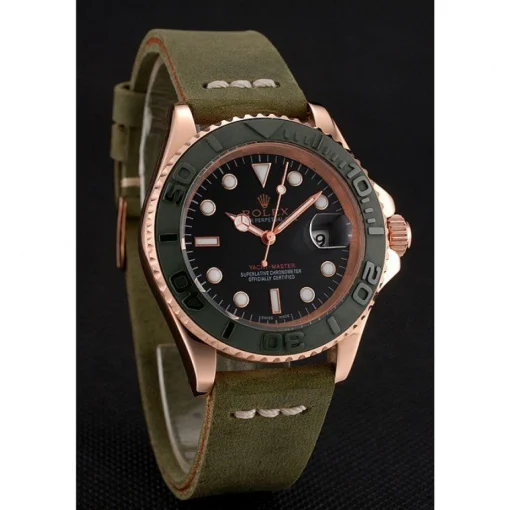 Rolex Yacht-Master Black Dial Green Bezel Rose Gold Case Green Leather Bracelet 1453862