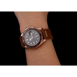 Rolex Yacht-Master Black Dial Brown Bezel Rose Gold Case Brown Leather Bracelet 1453860