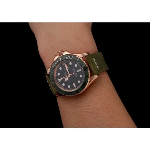 Rolex Yacht-Master Black Dial Green Bezel Rose Gold Case Green Leather Bracelet 1453862