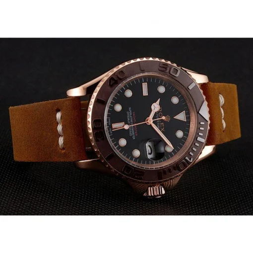Rolex Yacht-Master Black Dial Brown Bezel Rose Gold Case Brown Leather Bracelet 1453860