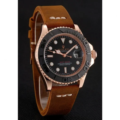 Rolex Yacht-Master Black Dial Rose Gold Case Brown Leather Bracelet 1453861