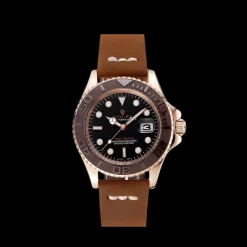 Rolex Yacht-Master Black Dial Brown Bezel Rose Gold Case Brown Leather Bracelet 1453860