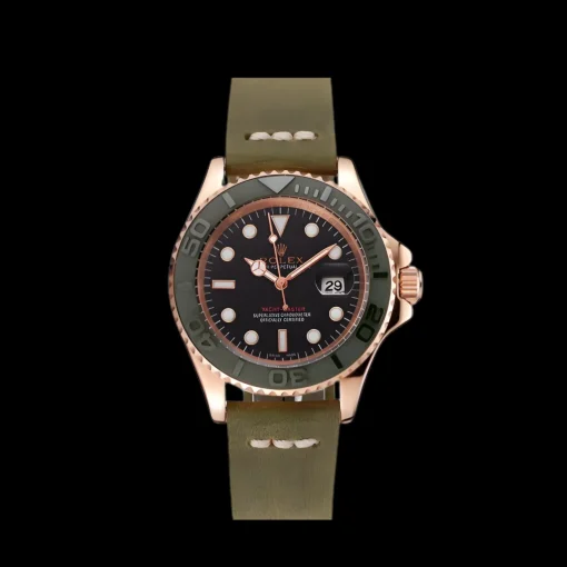 Rolex Yacht-Master Black Dial Green Bezel Rose Gold Case Green Leather Bracelet 1453862