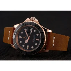 Rolex Yacht-Master Black Dial Rose Gold Case Brown Leather Bracelet 1453861
