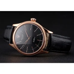 Swiss Rolex Cellini Black Dial Rose Gold Markings Rose Gold Case Black Leather Strap