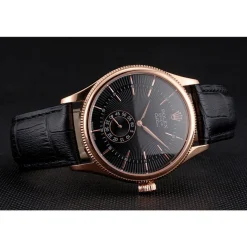 Swiss Rolex Cellini Black Dial Rose Gold Case Black Leather Strap
