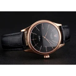 Swiss Rolex Cellini Black Dial Rose Gold Markings Rose Gold Case Black Leather Strap