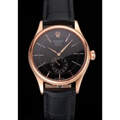 Swiss Rolex Cellini Black Dial Rose Gold Case Black Leather Strap