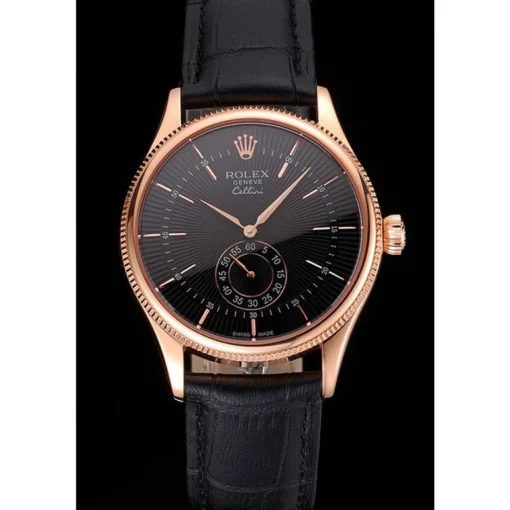 Swiss Rolex Cellini Black Dial Rose Gold Case Black Leather Strap