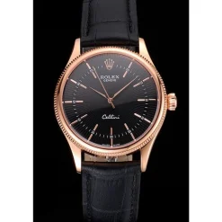 Swiss Rolex Cellini Black Dial Rose Gold Markings Rose Gold Case Black Leather Strap