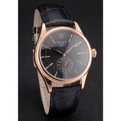 Swiss Rolex Cellini Black Dial Rose Gold Case Black Leather Strap