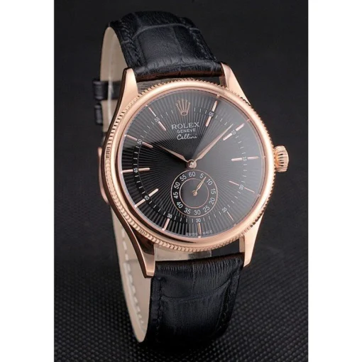 Swiss Rolex Cellini Black Dial Rose Gold Case Black Leather Strap
