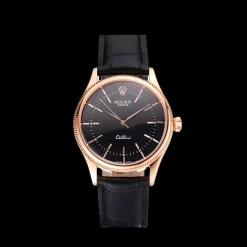 Swiss Rolex Cellini Black Dial Rose Gold Markings Rose Gold Case Black Leather Strap