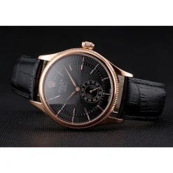 Swiss Rolex Cellini Black Dial Rose Gold Case Black Leather Strap