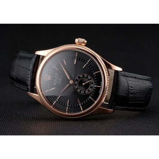 Swiss Rolex Cellini Black Dial Rose Gold Case Black Leather Strap