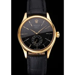 Swiss Rolex Cellini Black Dial Gold Case Black Leather Strap