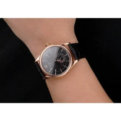 Swiss Rolex Cellini Black Dial Rose Gold Case Black Leather Strap