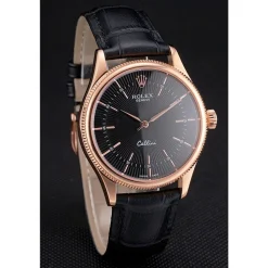 Swiss Rolex Cellini Black Dial Rose Gold Markings Rose Gold Case Black Leather Strap