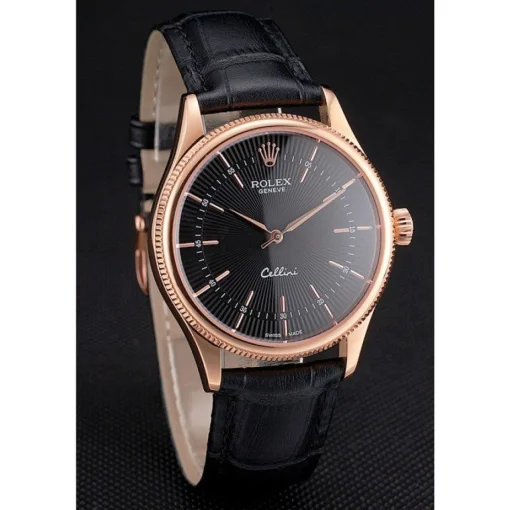 Swiss Rolex Cellini Black Dial Rose Gold Markings Rose Gold Case Black Leather Strap