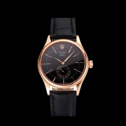Swiss Rolex Cellini Black Dial Rose Gold Case Black Leather Strap