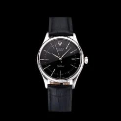 Swiss Rolex Cellini Date Black Dial Stainless Steel Case Black Leather Strap