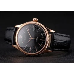 Swiss Rolex Cellini Date Black Dial Rose Gold Markings Rose Gold Case Black Leather Strap