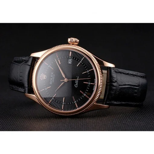 Swiss Rolex Cellini Date Black Dial Rose Gold Markings Rose Gold Case Black Leather Strap