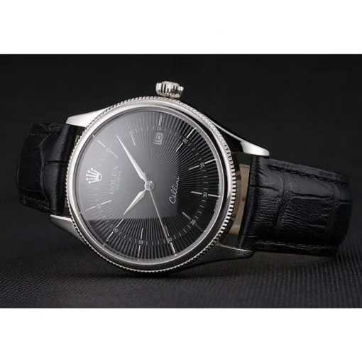 Swiss Rolex Cellini Date Black Dial Stainless Steel Case Black Leather Strap