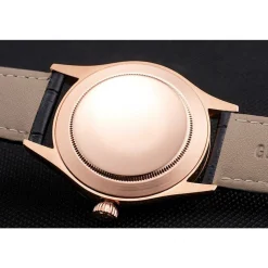 Swiss Rolex Cellini Date Black Dial Rose Gold Markings Rose Gold Case Black Leather Strap