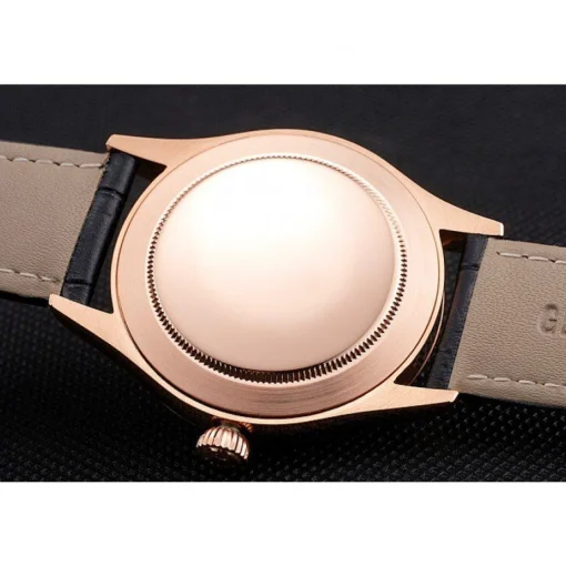 Swiss Rolex Cellini Date Black Dial Rose Gold Markings Rose Gold Case Black Leather Strap