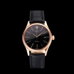 Swiss Rolex Cellini Date Black Dial Rose Gold Markings Rose Gold Case Black Leather Strap