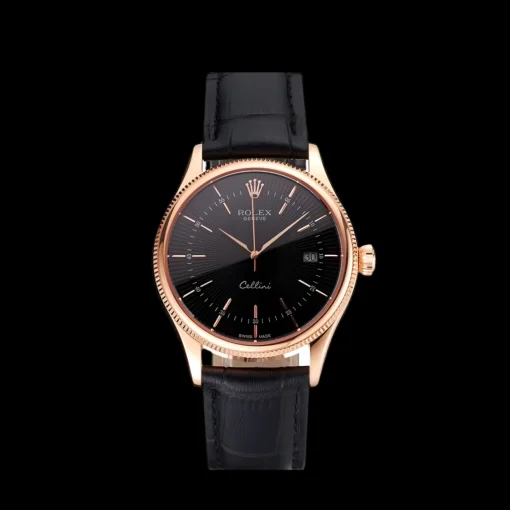 Swiss Rolex Cellini Date Black Dial Rose Gold Markings Rose Gold Case Black Leather Strap