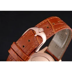 Swiss Rolex Cellini Date White Dial Rose Gold Case Brown Leather Strap
