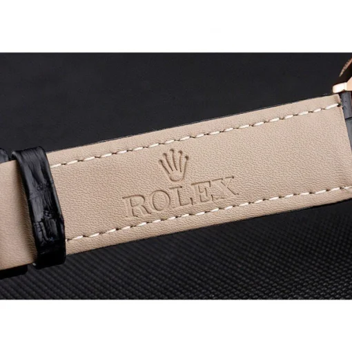 Swiss Rolex Cellini Date Black Dial Rose Gold Markings Rose Gold Case Black Leather Strap