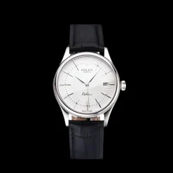 Swiss Rolex Cellini Date White Dial Stainless Steel Case Black Leather Strap