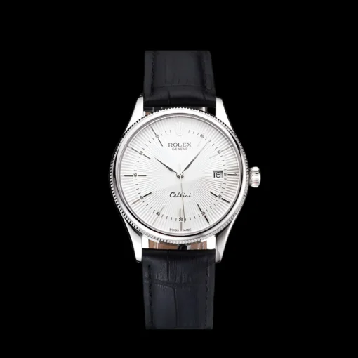 Swiss Rolex Cellini Date White Dial Stainless Steel Case Black Leather Strap