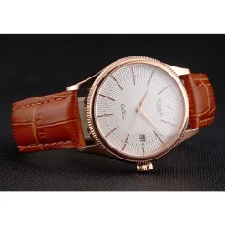 Swiss Rolex Cellini Date White Dial Rose Gold Case Brown Leather Strap