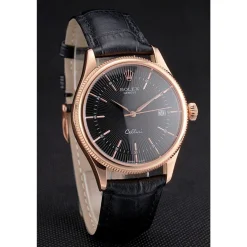 Swiss Rolex Cellini Date Black Dial Rose Gold Markings Rose Gold Case Black Leather Strap