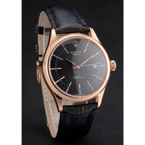 Swiss Rolex Cellini Date Black Dial Rose Gold Markings Rose Gold Case Black Leather Strap