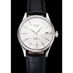 Swiss Rolex Cellini Date White Dial Stainless Steel Case Black Leather Strap