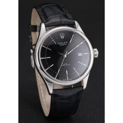 Swiss Rolex Cellini Date Black Dial Stainless Steel Case Black Leather Strap