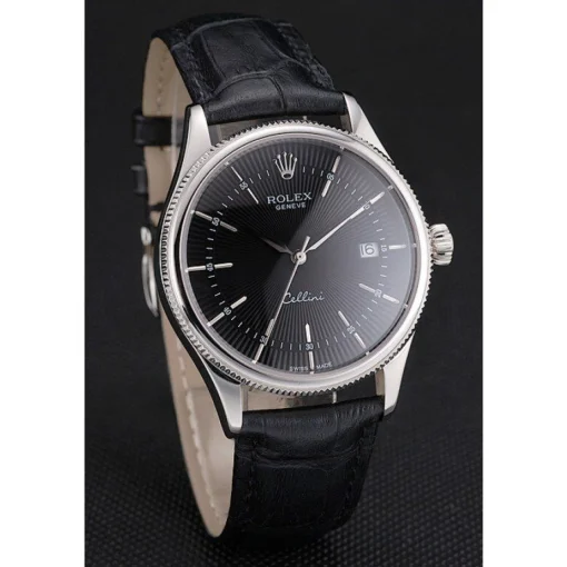 Swiss Rolex Cellini Date Black Dial Stainless Steel Case Black Leather Strap