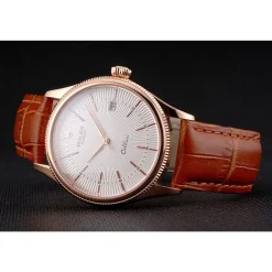 Swiss Rolex Cellini Date White Dial Rose Gold Case Brown Leather Strap
