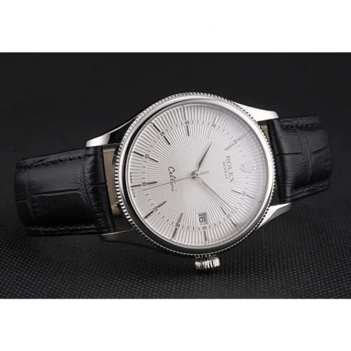 Swiss Rolex Cellini Date White Dial Stainless Steel Case Black Leather Strap