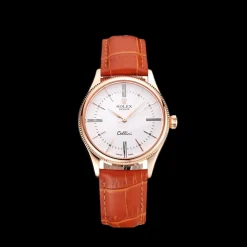 Swiss Rolex Cellini Date White Dial Rose Gold Case Brown Leather Strap