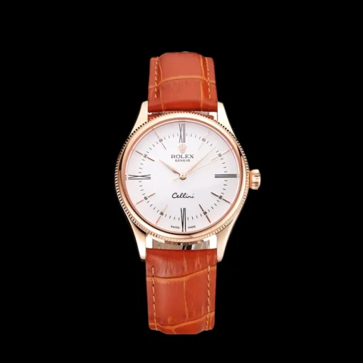 Swiss Rolex Cellini Date White Dial Rose Gold Case Brown Leather Strap